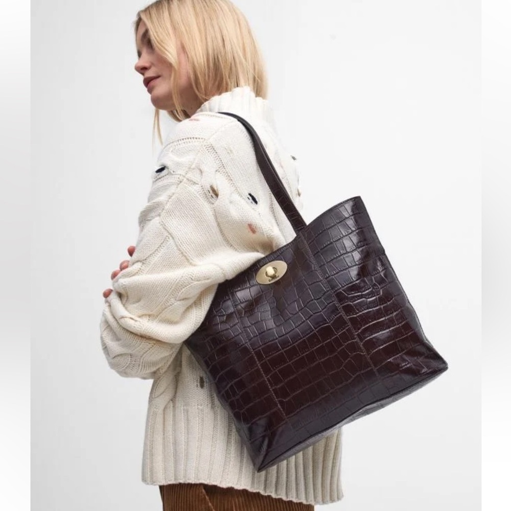 NWT Barbour croc tote w/detachable cross body-top handle in black cherry color